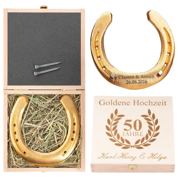 Golden Wedding Horseshoe Gift with Personalized Gift Box, Real Worn Lucky Horseshoe with Engraving, Steel or Gold Plated