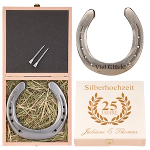 Horseshoe gift for a silver wedding with personalized gift box, real worn lucky horseshoe with engraving, steel or gold-plated