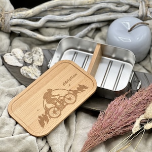 Brotdose Mountainbike mit Namensgravur, Metall Lunchbox mit Holzdeckel, 700 und 1100 ml., Fahrrad Downhill, personalisiert