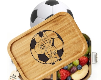 Gepersonaliseerde lunchbox met voetballerslogo, naam en nummer – roestvrijstalen lunchbox met bamboe deksel, cadeau voor kinderen