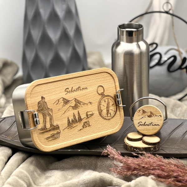 Lunch box Wanderlust with name engraving, metal lunch box with wooden lid, 700 or 1100 ml., hiking gift personalized, drinking bottle