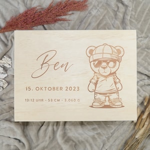 Personalized birth memory box, cool teddy bear, handles to carry, birth gift with engraving