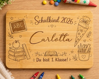 Personalisiertes Frühstücksbrettchen zur Einschulung | Bambus Brettchen mit Name | Schulkind 2026 Geschenk 1. Klasse
