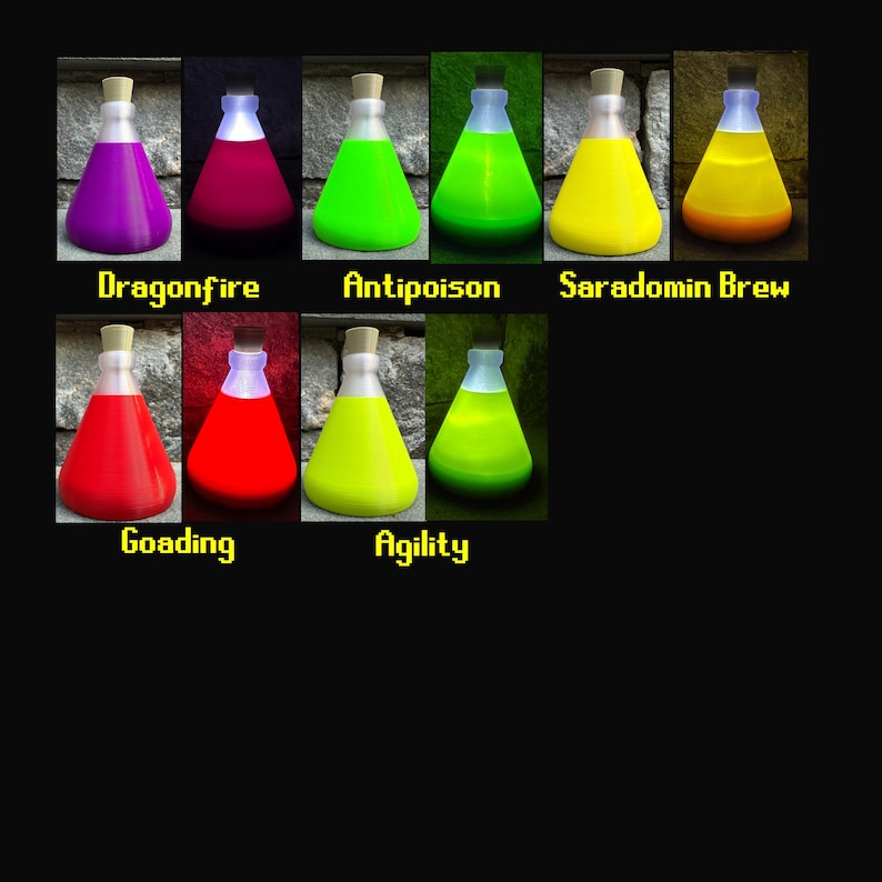 May include: A collection of glass potion bottles filled with colorful liquids. The potions are labeled "Dragonfire," "Antipoison," "Saradomin Brew," "Goading," and "Agility." Each bottle has a cork stopper and a glowing effect, with colors ranging from purple to yellow and green.