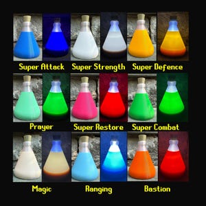 May include: A collection of twelve glowing potion bottles, each with a different colored liquid and a cork stopper. The bottles are labeled with text such as "Super Attack", "Super Strength", and "Prayer". The background is a stone wall.