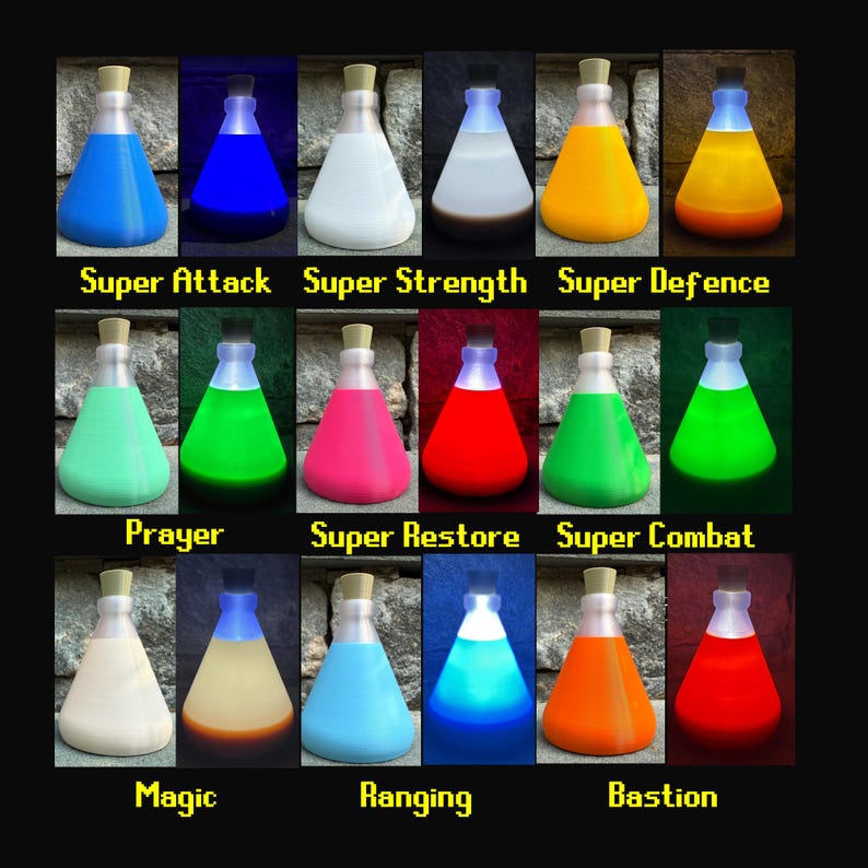 May include: A collection of twelve glowing potion bottles, each with a different colored liquid and a cork stopper. The bottles are labeled with text such as "Super Attack", "Super Strength", and "Prayer". The background is a stone wall.