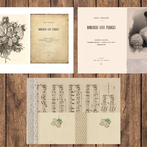 May include: A collage of vintage ephemera featuring book pages, sheet music, and illustrations. The top left shows a detailed black and white illustration. The top right displays a book cover with text. The bottom shows sheet music.