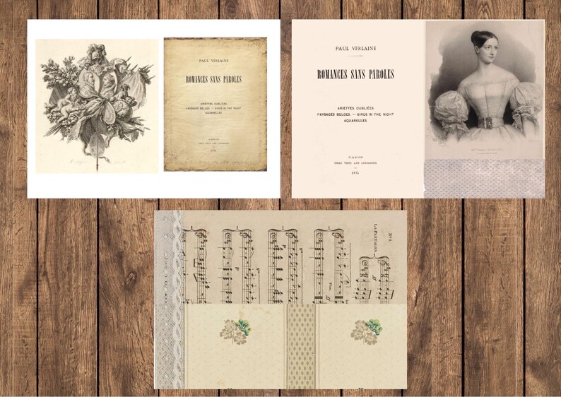 May include: A collage of vintage ephemera featuring book pages, sheet music, and illustrations. The top left shows a detailed black and white illustration. The top right displays a book cover with text. The bottom shows sheet music.