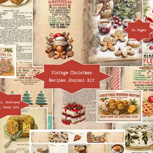 May include: A collage of vintage Christmas-themed ephemera. Includes recipe cards, gingerbread cookies, cakes, and illustrations of baked goods. The text "Vintage Christmas Recipes Journal Kit" is displayed.