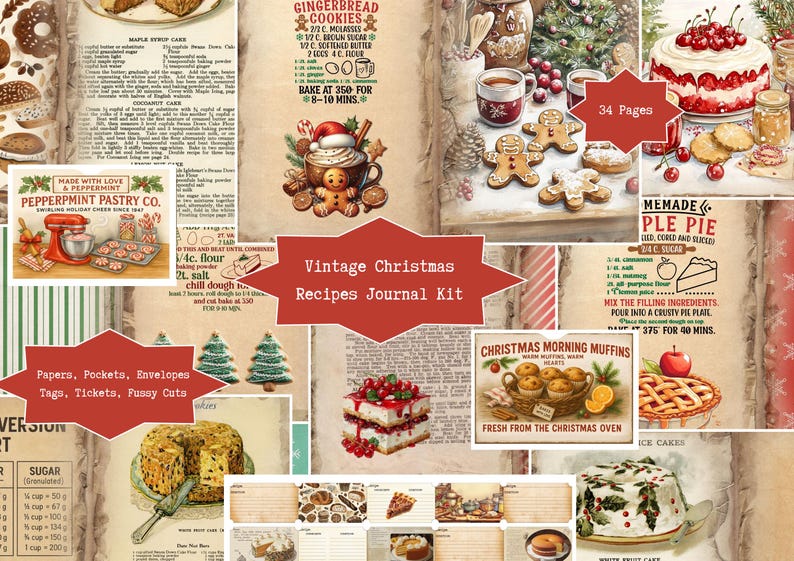 May include: A collage of vintage Christmas-themed ephemera. Includes recipe cards, gingerbread cookies, cakes, and illustrations of baked goods. The text "Vintage Christmas Recipes Journal Kit" is displayed.