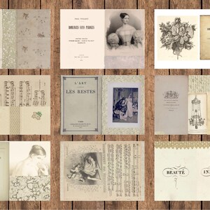 May include: A collage of vintage ephemera, including book pages, sheet music, and illustrations. The images feature antique prints of couples, portraits, floral arrangements, and decorative text. The color palette is primarily cream, beige, and sepia tones.