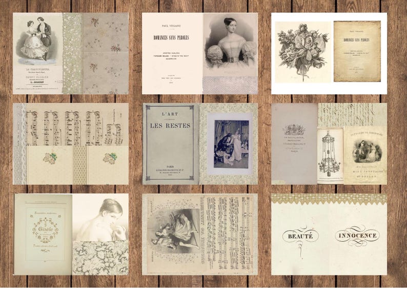 May include: A collage of vintage ephemera, including book pages, sheet music, and illustrations. The images feature antique prints of couples, portraits, floral arrangements, and decorative text. The color palette is primarily cream, beige, and sepia tones.