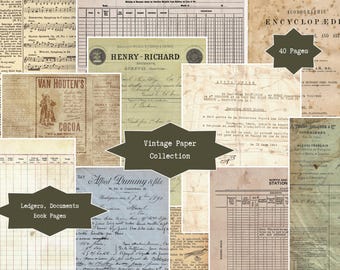 Vintage Paper Collection, Junk Journal Digital Pack | Antique, Tea Dyed Ledgers, Documents, Book Pages, Printable Scrapbook, Craft Papers