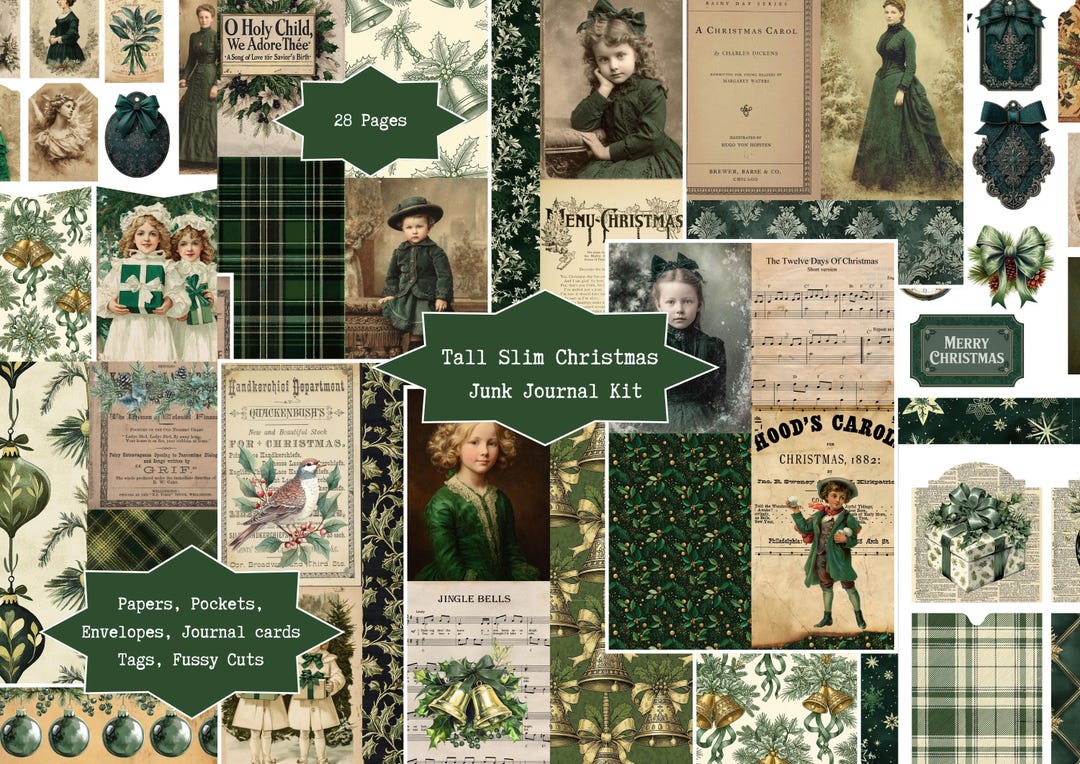 Tall Slim Christmas Junk Journal Kit | Antique Green, Digital Skinny ...