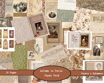 Puede incluir: Un collage de papeles y efímeras vintage en tonos marrón, beige y crema. La imagen incluye páginas de libros antiguos, patrones florales, retratos y el texto "Autumn in Paris Paper Pack" y "30 Pages".