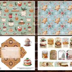 May include: A collage of vintage-style Christmas-themed paper designs. Includes patterns with gingerbread men, candy canes, and snowflakes on a blue background. Other designs feature teacups, cupcakes, and cakes. Also includes recipe cards and tags.
