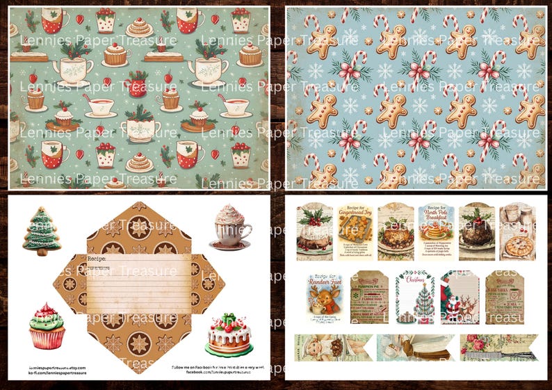 May include: A collage of vintage-style Christmas-themed paper designs. Includes patterns with gingerbread men, candy canes, and snowflakes on a blue background. Other designs feature teacups, cupcakes, and cakes. Also includes recipe cards and tags.