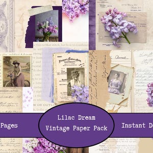 Könnte beinhalten: Eine Collage aus Vintage-Papier mit Fliederakzenten. Das Design umfasst Blumenarrangements, handschriftliche Notizen und alte Fotografien. Der Text "Lilac Dream Vintage Paper Pack" wird auf einem lila Banner angezeigt, zusammen mit "16 Pages" und "Instant Download".