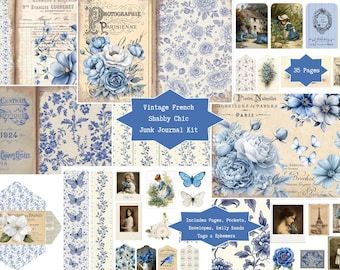 Vintage French Shabby Chic Junk Journal Kit | Digital Pages, Pockets, Ephemera, Embellishments | Blue Floral Printable Papers | Scrapbooking