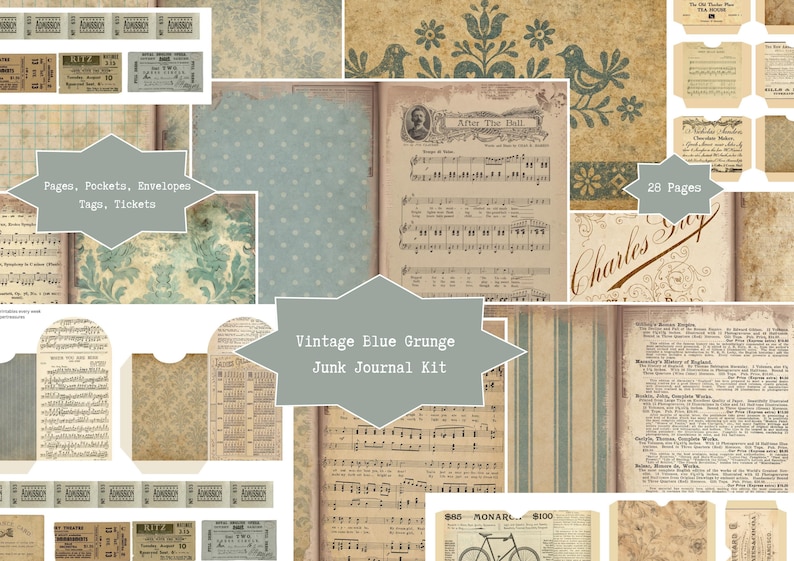 Vintage Blue Grunge Junk Journal Kit | Digital Download | Antique Pages ...