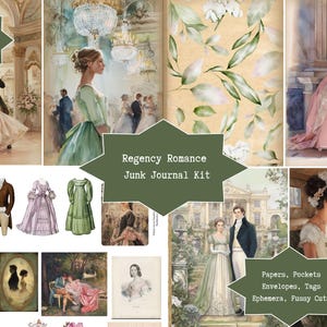 Può includere: Un collage di illustrazioni ad acquerello con tema Regency Romance. Include immagini di coppie che ballano, abiti eleganti e sfondi floreali. Il testo recita "Regency Romance Junk Journal Kit".