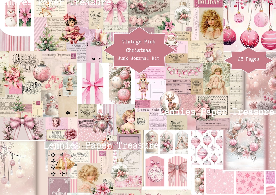 Vintage Pink Christmas Junk Journal Kit | Digital Collage Sheets ...