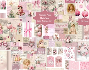 Vintage Pink Christmas Junk Journal Kit | Digital Collage Sheets, Journaling Pages, Pockets, Tags | Holiday Scrapbook Craft Printable Papers