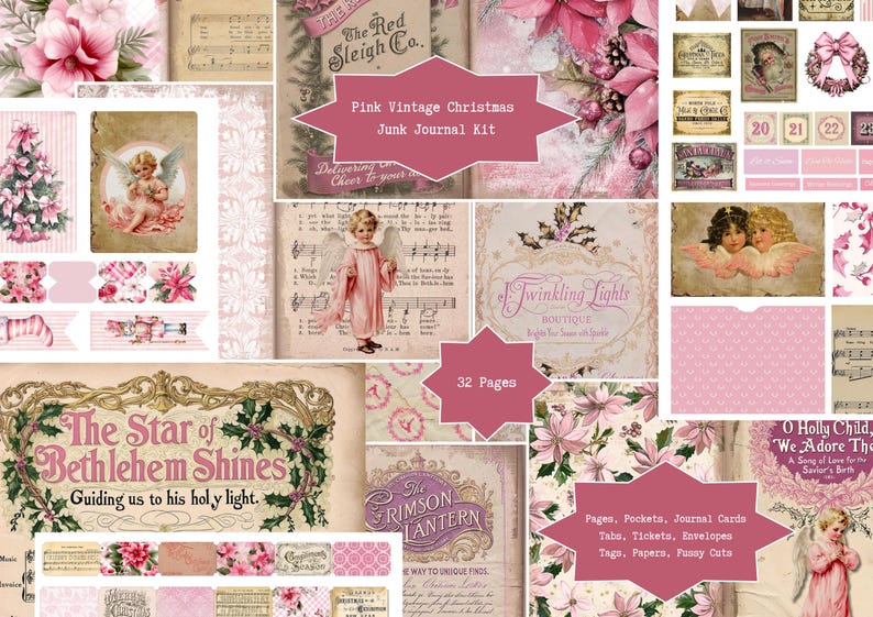 Pink Vintage Christmas Junk Journal Kit | Digital Journaling Pages ...