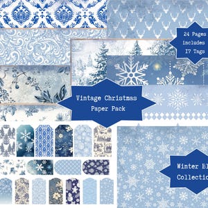 May include: A collection of vintage Christmas paper in shades of blue and white. The pack includes 24 pages and 17 tags with winter-themed designs, such as snowflakes, pine trees, and damask patterns. The text on the image reads "Vintage Christmas Paper Pack" and "Winter Blue Collection."
