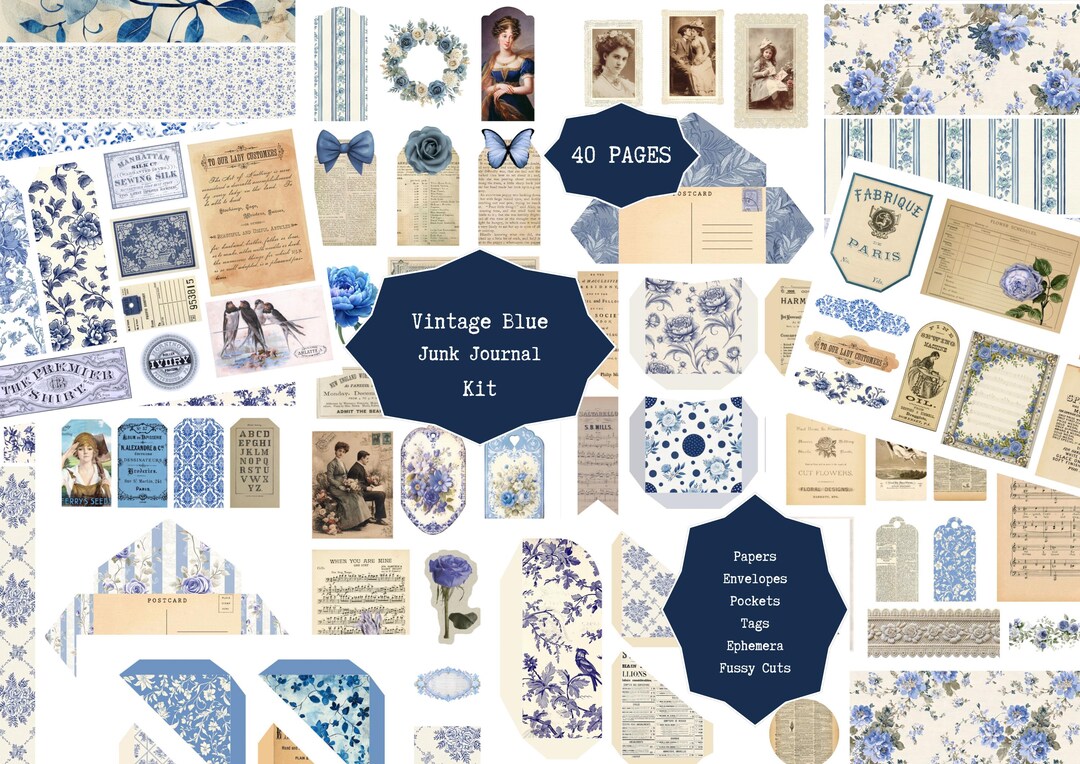 Vintage Blue Junk Journal Kit | Digital Papers, Pages, Pockets, Tags ...