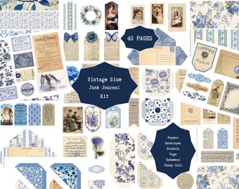 Zestaw do pisania dziennika Vintage Blue Junk | Papier cyfrowy, strony, kieszonki, metki, ozdobne wycięcia, ozdoby | Antyczny zestaw do druku w stylu shabby chic w formacie PDF