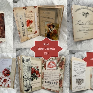 May include: A collection of mini junk journals with an antique red theme. The journals feature aged paper, floral patterns, and vintage ephemera. Some journals have lace trim and include text like "Mini Junk Journal Kit" and "Antique Red Edition".