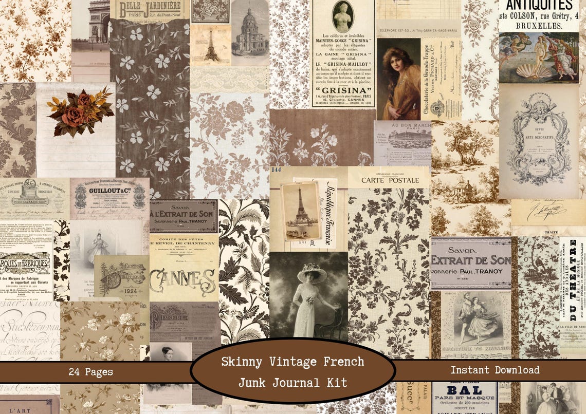 Tall Skinny Junk Journal Digital Kit | Vintage French Neutral Collage ...
