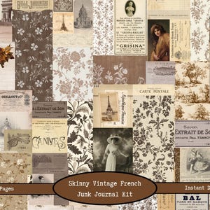 Könnte beinhalten: Eine Collage aus Vintage-Ephemera im Sepia-Ton, mit floralen Mustern, architektonischen Skizzen und antiken Werbeanzeigen. Das Bild enthält den Text "Skinny Vintage French Junk Journal Kit" und "24 Pages".