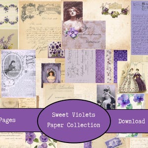 Könnte beinhalten: Eine Collage aus Vintage-Papier-Elementen in Creme- und Lilatönen. Enthält handgeschriebene Briefe, florale Muster und Porträts. Der Text lautet "Sweet Violets Paper Collection" und "Download & Print".