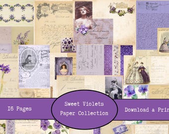 Sweet Violets Printable Paper Collection | Vintage Junk Journal Paper Pack | Vintage Collage Papers | Scrapbooking Download | Digital PDF