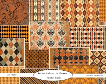 Puede incluir: Una colección de 23 papeles digitales con varios patrones que incluyen damasco, argyle, rayas y formas geométricas en tonos naranja, negro y marrón. El texto Retro Autumn Halloween Paper Pack e Instant Download es visible.