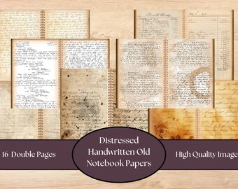 May include: A collection of distressed, handwritten old notebook papers. The image features 16 double pages with aged textures and handwritten notes. The papers have a vintage aesthetic, with visible stains and wear, and are spiral-bound.