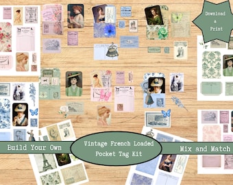 Digital Junk Journal Loaded Pocket Tag Kit | Printable Vintage French Ephemera | Journaling Embellishments | Fussy Cuts | Paris Digitals PDF