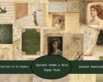 Opulent Green & Gold Paper Pack | 24 Printable Junk Journal Pages | Antique Papers | Vintage Collages | Scrapbook Digitals | Journaling Kit