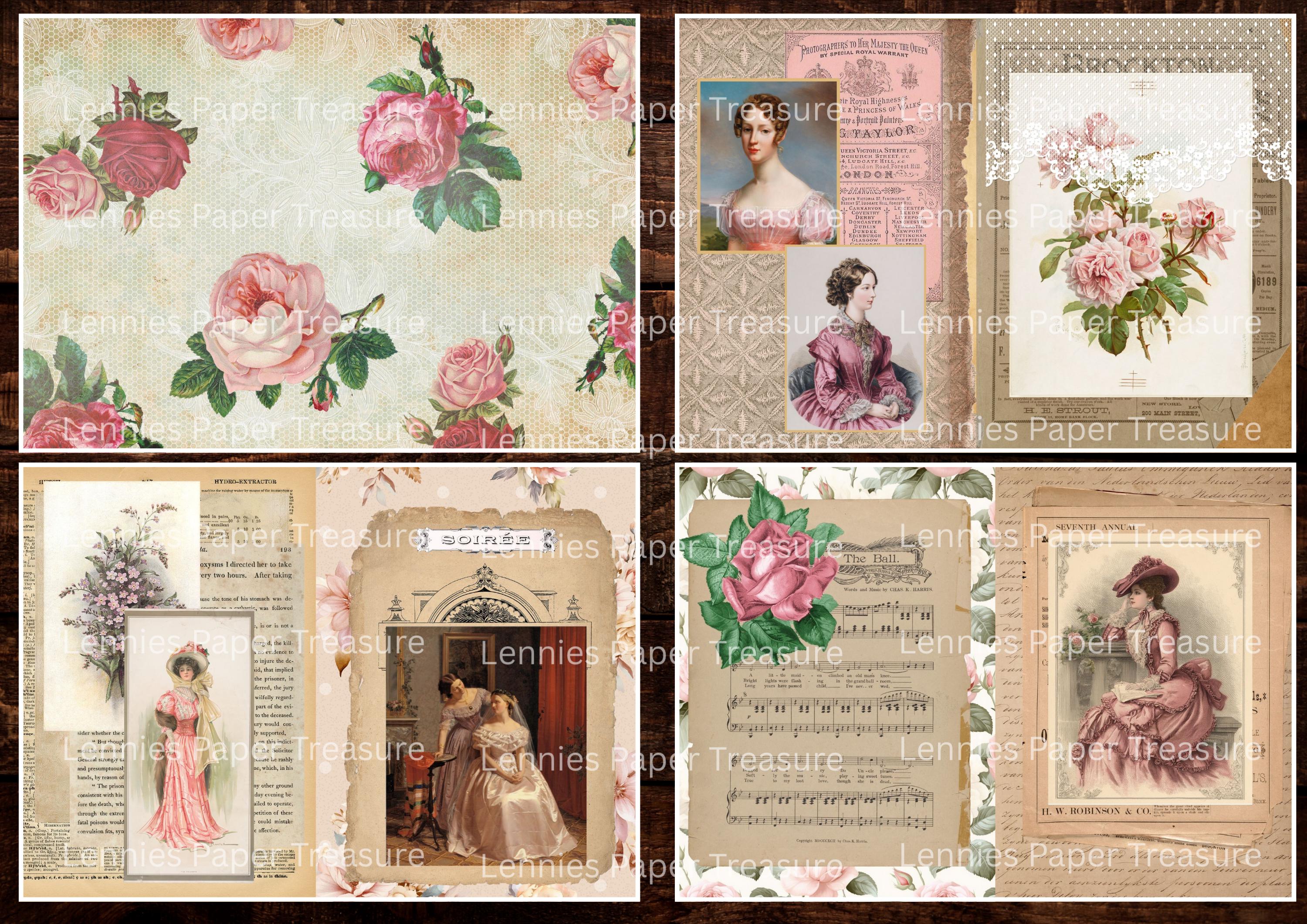 Pretty in Pink Vintage Junk Journal Kit | Digital Collage Half Pages ...