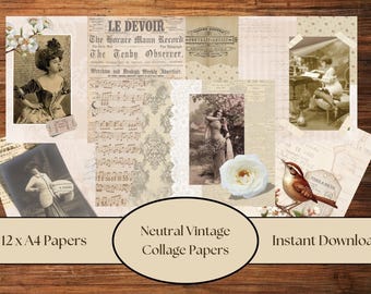 Neutral Vintage Collage Papers. Printable Junk Journal Pages, scrapbook backgrounds, digital download, floral background, floral theme pages