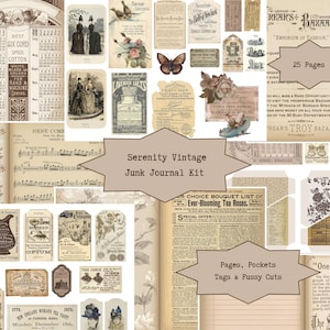 May include: A collage of vintage ephemera, including calendar pages, botanical illustrations, and advertisements. The kit, labeled "Serenity Vintage Junk Journal Kit," features tags, pockets, and fussy cuts. The color palette is primarily sepia tones with accents of cream and brown.