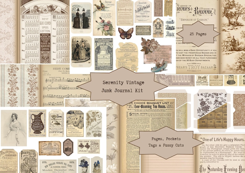 May include: A collage of vintage ephemera, including calendar pages, botanical illustrations, and advertisements. The kit, labeled "Serenity Vintage Junk Journal Kit," features tags, pockets, and fussy cuts. The color palette is primarily sepia tones with accents of cream and brown.