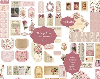 Kit de diario vintage rosa con diseño de basura / Páginas digitales Shabby Chic, bolsillos, etiquetas, recortes, efímeras / Papeles imprimibles para álbumes de recortes, accesorios (PDF)