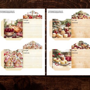 May include: Four vintage-style recipe card holders with holiday-themed illustrations. Each card features a different scene: baked goods, gingerbread houses, and festive treats. The cards have space for recipes and directions.