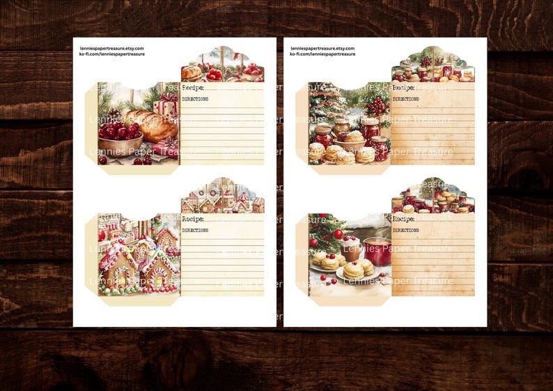 May include: Four vintage-style recipe card holders with holiday-themed illustrations. Each card features a different scene: baked goods, gingerbread houses, and festive treats. The cards have space for recipes and directions.