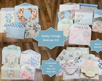 May include: A collection of paper envelopes featuring various floral, cherub, and vintage document patterns in shades of blue, pink, green, and cream. The set includes text labels reading Shabby Vintage Envelope Kit, Instant Download, and 14 Envelopes Plus Washi and Fussy Cuts.