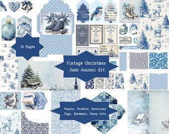 Vintage Christmas Digital Junk Journal Kit | Printable Journal Pages, Ephemera, Embellishments | Winter Holiday Crafting, Scrapbook Supplies