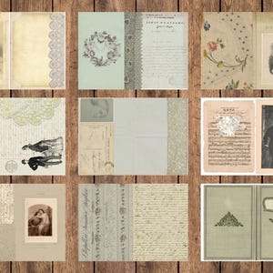 May include: A collection of vintage ephemera, including postcards, book pages, and illustrations. The items feature faded colors, lace trim, and handwritten script. The overall aesthetic is antique and romantic, with a focus on paper goods and decorative elements.